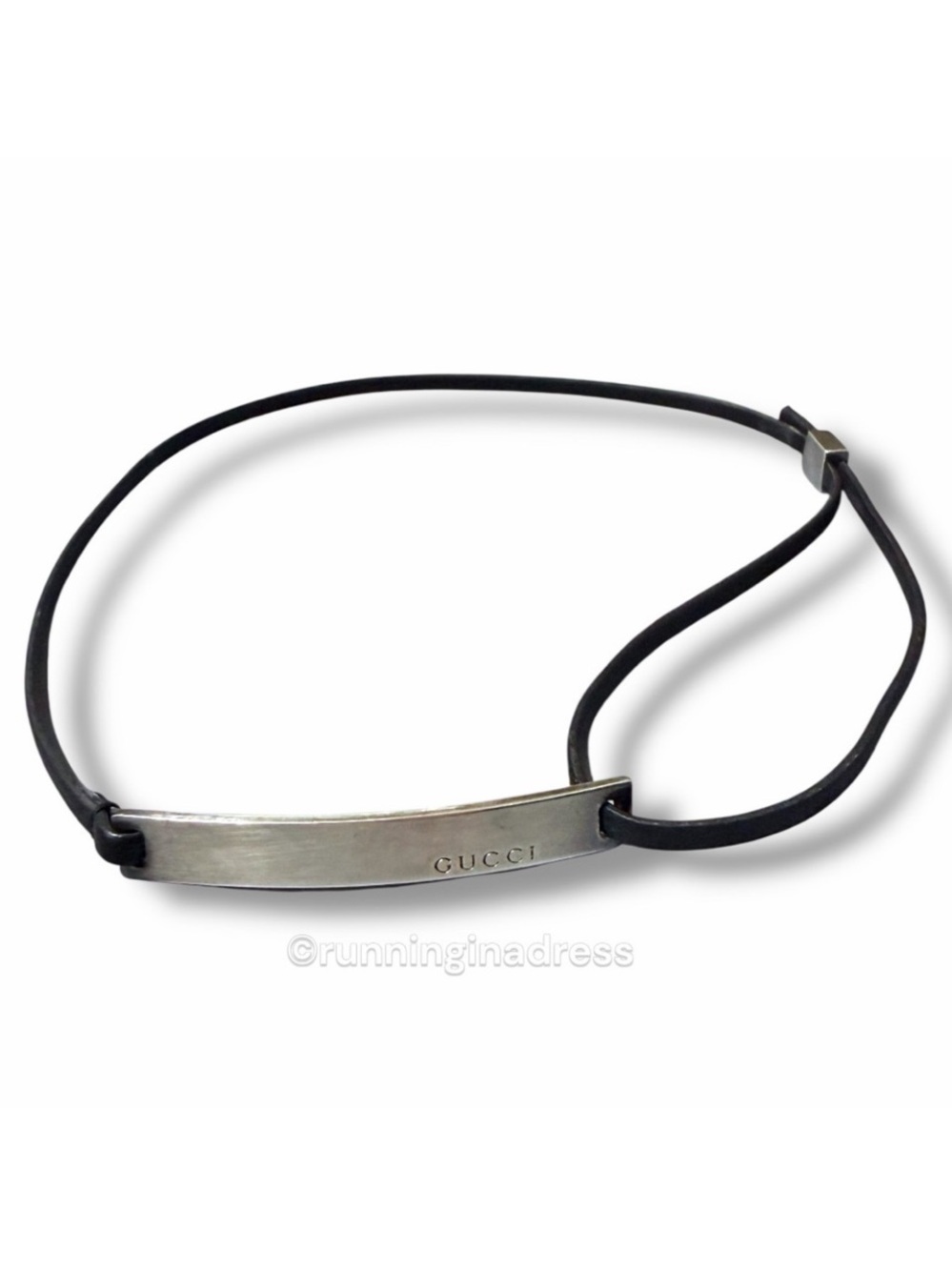 Authentic Y2K Gucci Sterling & Leather Silver Logo Bar Choker Wrap Bracelet - Picture 5 of 12